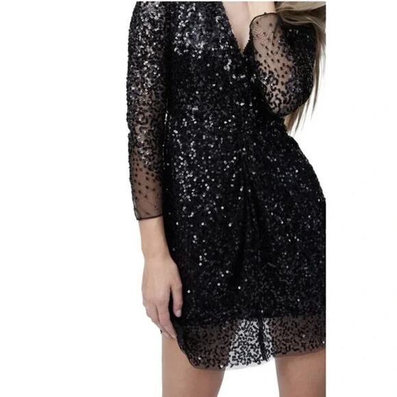 French Connection NWT Emille Sparkle Long Sleeve Sequin Sheath Dress In Black, 0 - Picture 3 of 12